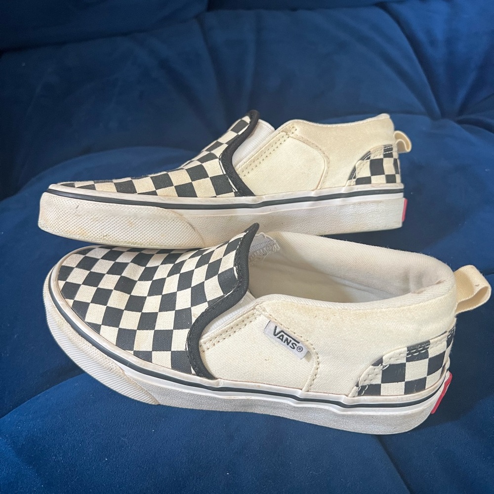 Vans Black and Cream Checkered Slip-Ons